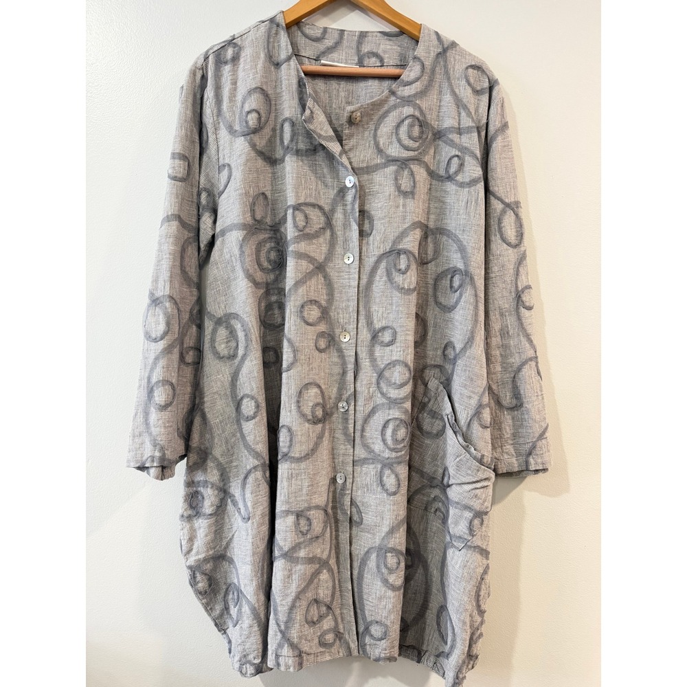 Bryn Walker Grey Linen Blend Swirl Applique Button Front Tunic Top S Lagenlook